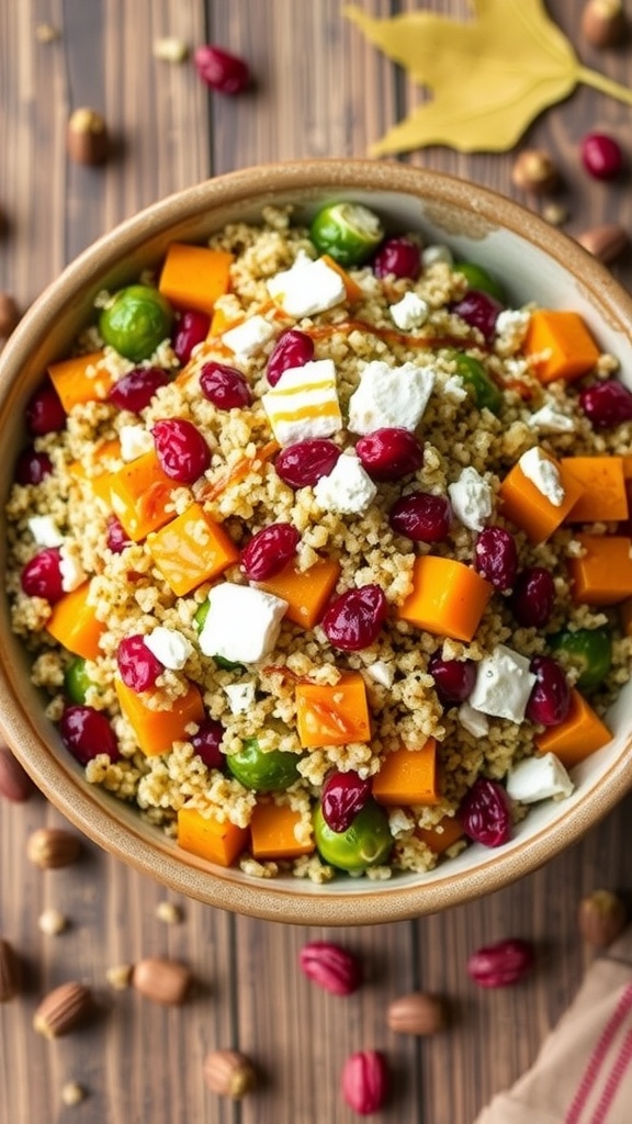 A vibrant autumn quinoa salad with roasted vegetables, cranberries, and feta cheese in a rustic bowl.
